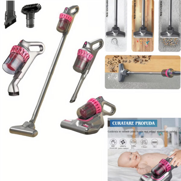 Aspirator Vertical 117cm Portabil 4 in 1 Fara Fir, Sterilizare UV cu Accesorii Incarcare USB