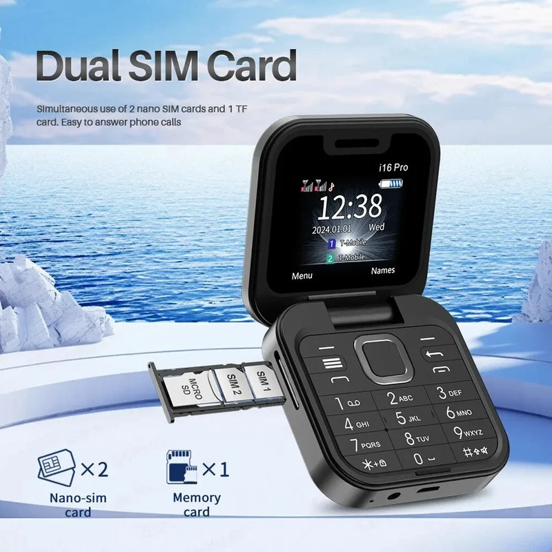 Telefon de buzunar pliabil Flip Phone 4.5 cm i16 Pro, Dual SIM, camera, Bluetooth MP4