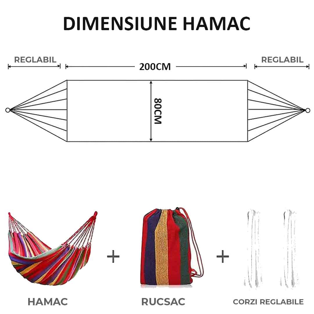 Hamac din Bumbac, 190x150 CM, Dublu, 150KG rezistenta, Distantiere Lemn, Rucsac Transport