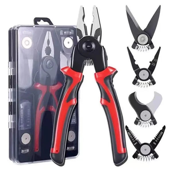 Cleste Multifunctional 5 in 1 – Patent, Taietor Cablu, Dezizolator, Cleste Sertizare si Foarfeca Tabla cu Cap Interschimbabil si Maner Ergonomic