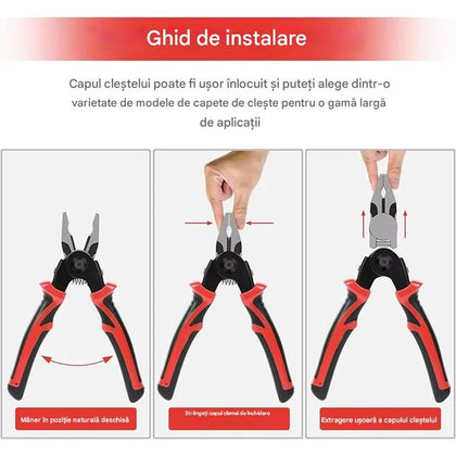 Cleste Multifunctional 5 in 1 – Patent, Taietor Cablu, Dezizolator, Cleste Sertizare si Foarfeca Tabla cu Cap Interschimbabil si Maner Ergonomic