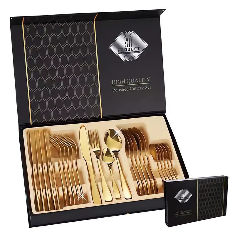 Set 24 de Tacamuri Aurii Teno1858, design simplu si elegant, otel inoxidabil, materiale premium, rezistente la uzura, aspect luxos, cutie de depozitare, auriu