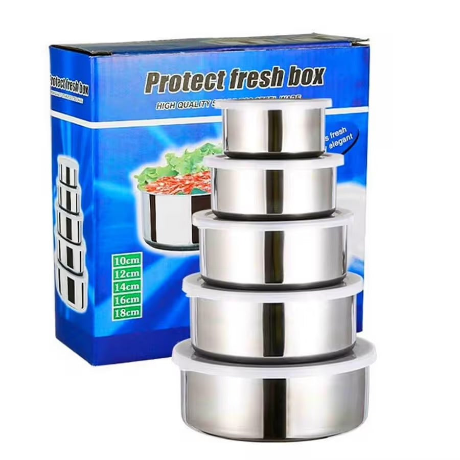 Set 5 Caserole Inox, Capac Transparent Plastic, Inox Alimentar, Grosime 0,4 mm, Diametru 10 cm - 18 cm