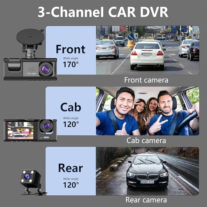 Cameră auto Kialloy, cameră auto cu 3 canale, cameră auto 1080P față și interior, cameră triplă, senzor G, parcare 24h, vedere nocturnă, înregistrare în buclă față-spate