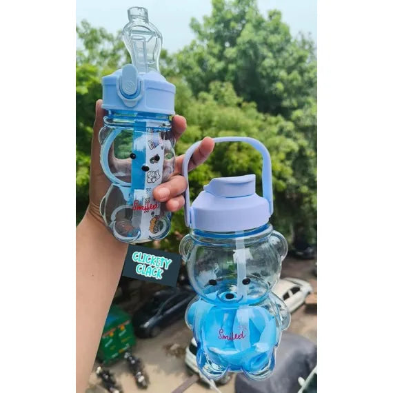 Sticla cu pai, design ursulet kawaii, capacitate mare, culoare transparenta, cu curea ajustabila