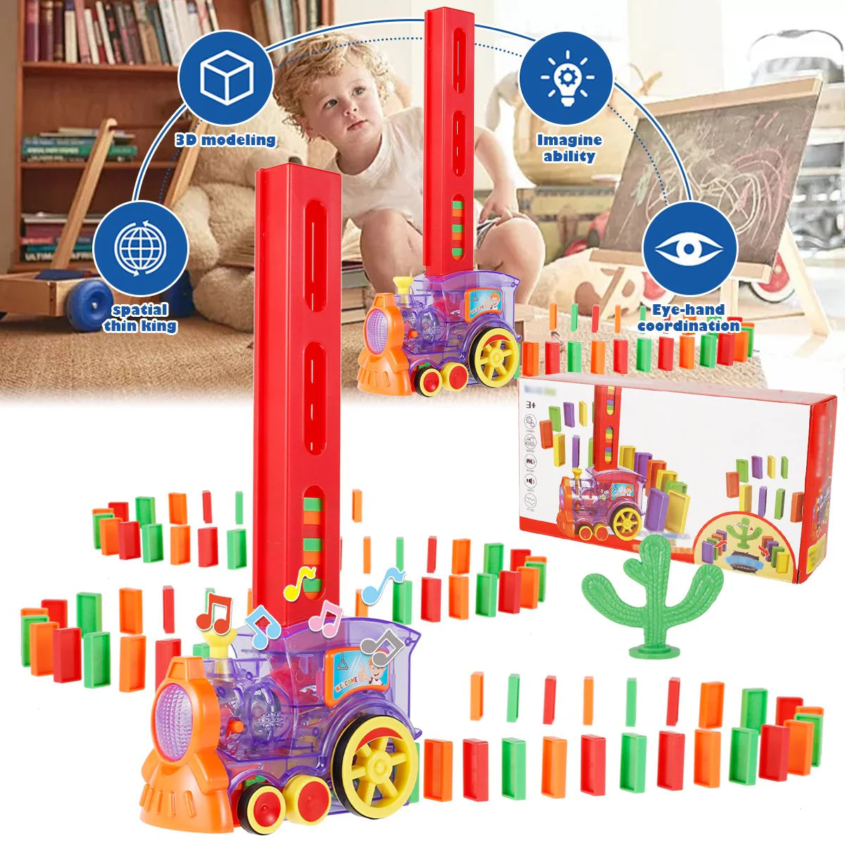 Tren interactiv cu piese domino, Electric, 60 piese, cu lumini si sunete
