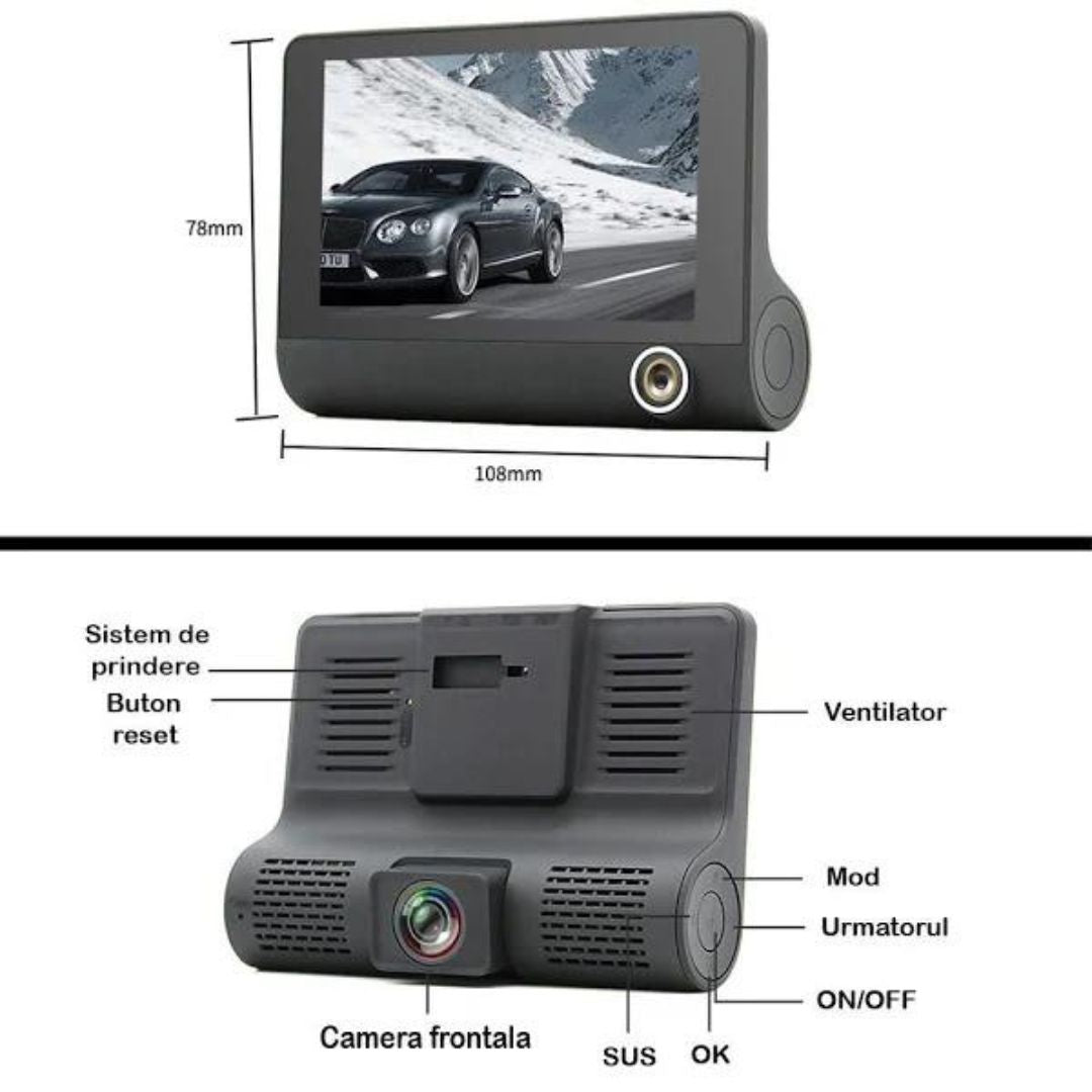 Camera Video Auto Tripla DVR, L300-1, Full-HD, 3 Camere - Fata/Spate/Interior, Ecran 4'', G Senzor, 170 grade 12/24V