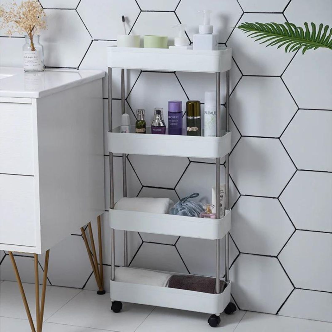 Raft/ Carucior organizator, slim, portabil cu 4 rafturi si roti
