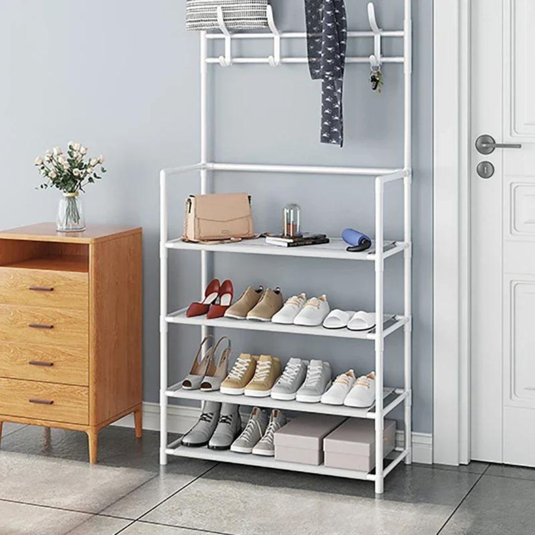 Cuier cu pantofar metalic cu 5 rafturi Asos, 60 cm x 26 cm x 170 cm, alb