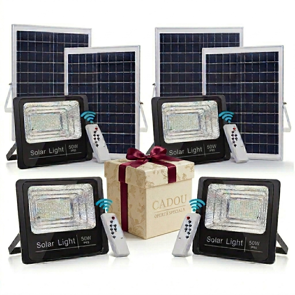 SET DE 4 BUCATI -Proiector Solar 50W Lampa cu incarcare solara cu Panou Solar si Telecomanda +CADOU SURPRIZA