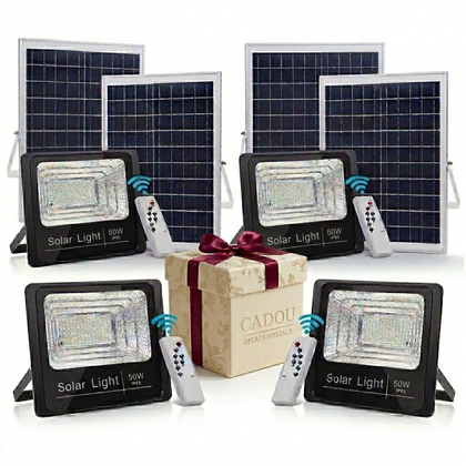 SET DE 4 BUCATI -Proiector Solar 50W Lampa cu incarcare solara cu Panou Solar si Telecomanda +CADOU SURPRIZA