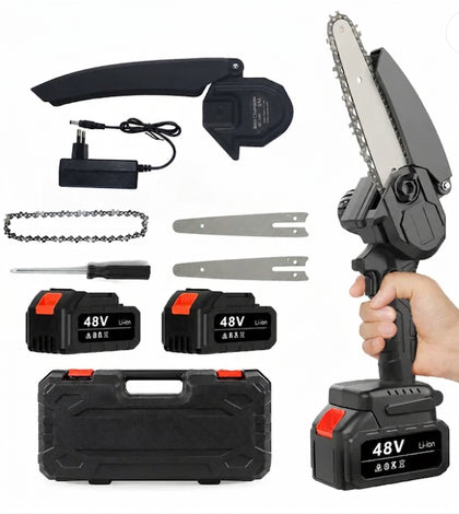 Mini Fierastrau cu 2 Acumulatori, 48V, 2 Lame 6 inch - 15CM, Trusa Plastic Depozitare + 1 Lant CADOU