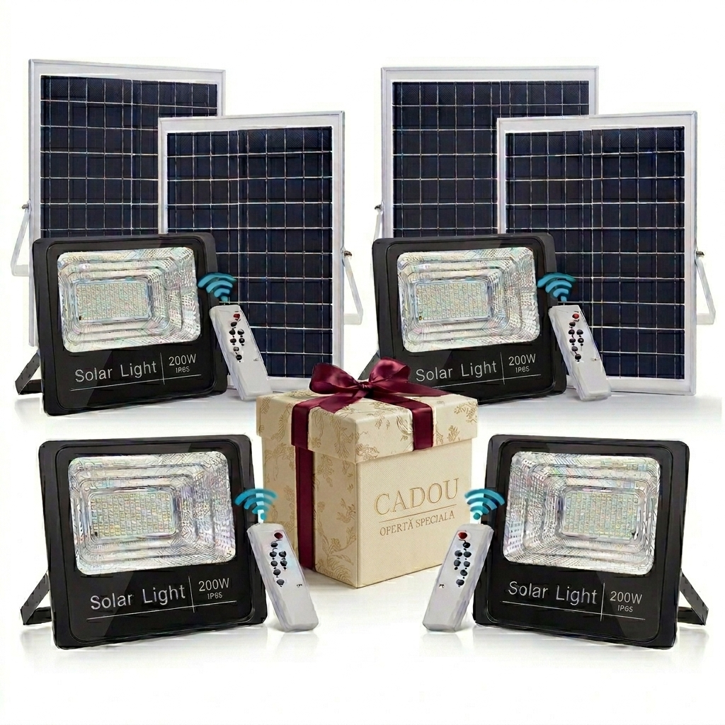 SET DE 4 BUCATI -Proiector Solar 200W Lampa cu incarcare solara cu Panou Solar si Telecomanda +CADOU SURPRIZA