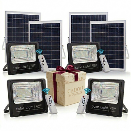 SET DE 4 BUCATI -Proiector Solar 200W Lampa cu incarcare solara cu Panou Solar si Telecomanda +CADOU SURPRIZA