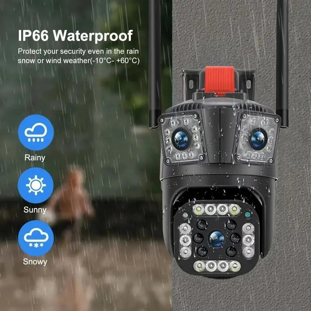 Cameră de Supraveghere Wi-Fi cu 3 Camere, 12mp, Zoom 10X, Detectare Mișcare și Alarmă, Control Complet prin Aplicație și Conectivitate Avansată