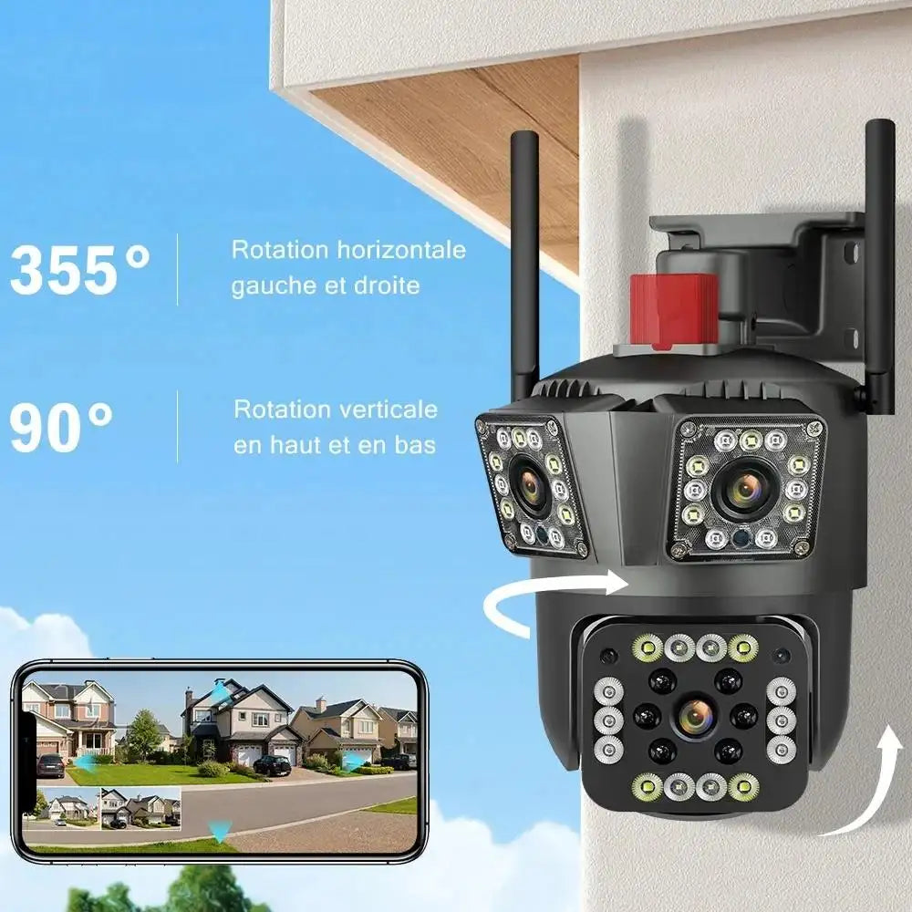 Cameră de Supraveghere Wi-Fi cu 3 Camere, 12mp, Zoom 10X, Detectare Mișcare și Alarmă, Control Complet prin Aplicație și Conectivitate Avansată