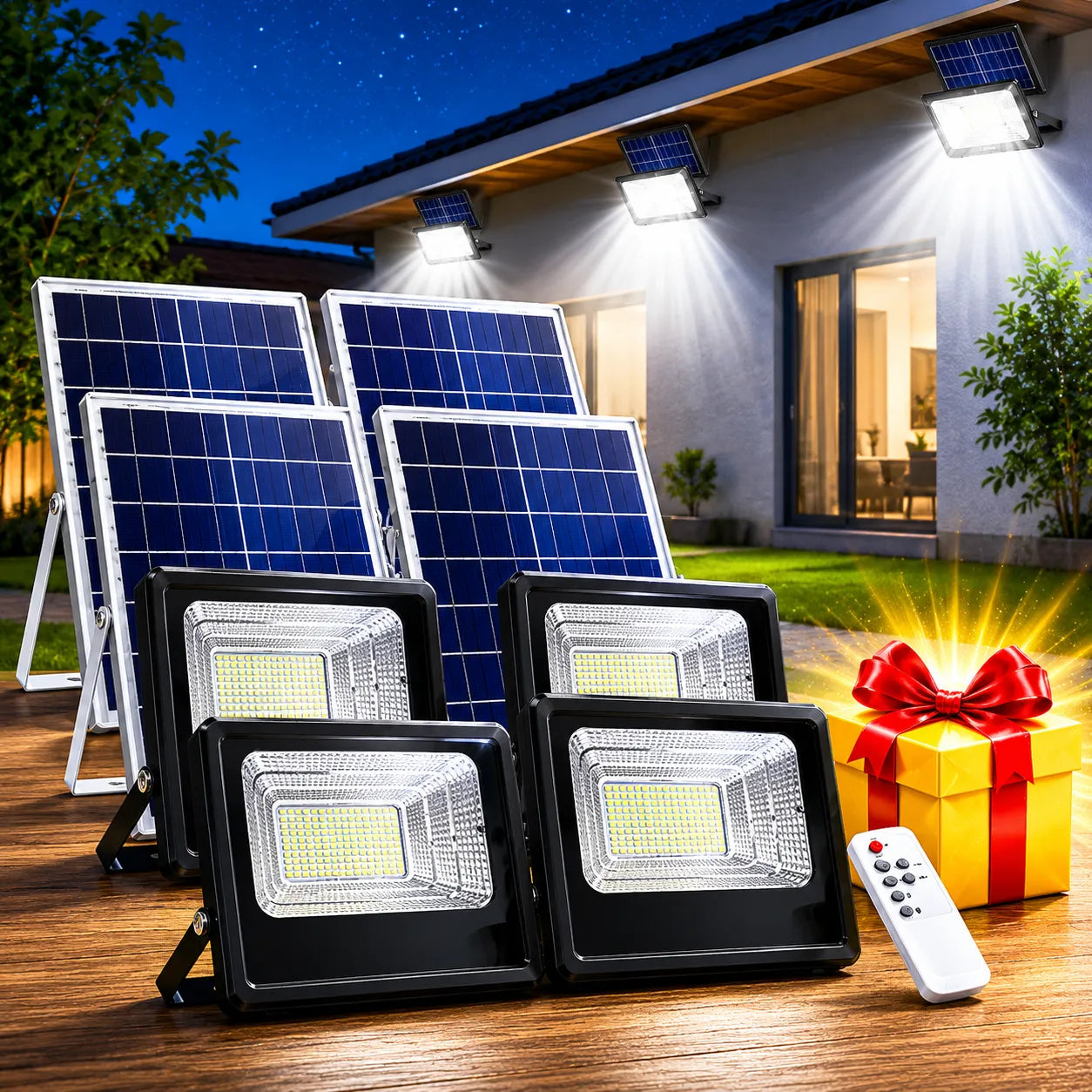SET DE 4 BUCATI -Proiector Solar 50W Lampa cu incarcare solara cu Panou Solar si Telecomanda +CADOU SURPRIZA
