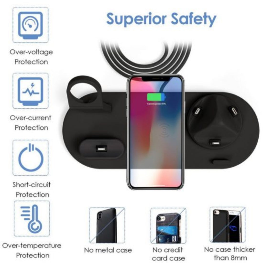 Suport de incarcare 4 in 1, Kephe, Wireless Charging, 6 Conectori, Universal, Negru
