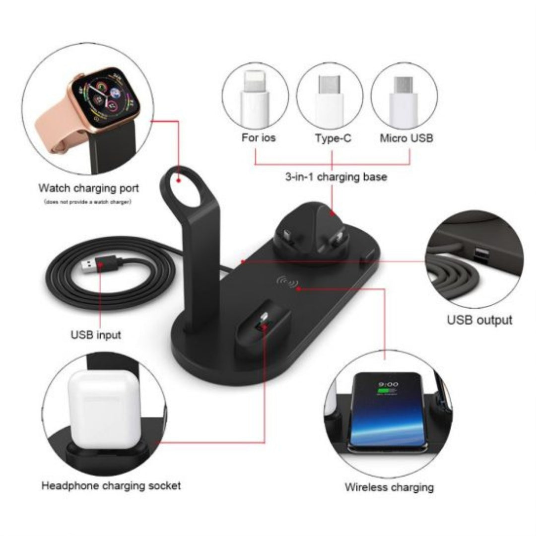 Suport de incarcare 4 in 1, Kephe, Wireless Charging, 6 Conectori, Universal, Negru