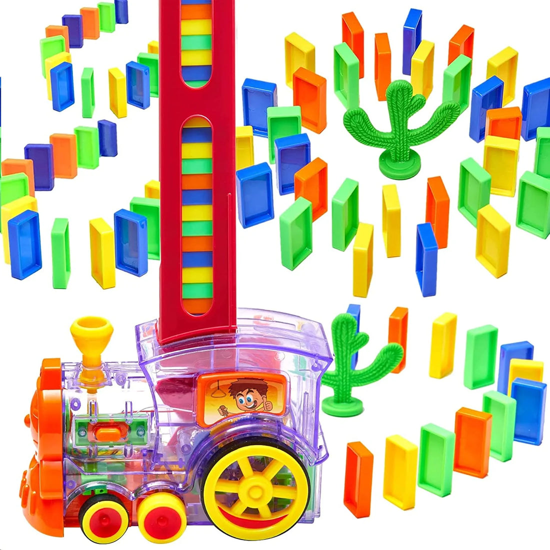 Tren interactiv cu piese domino, Electric, 60 piese, cu lumini si sunete