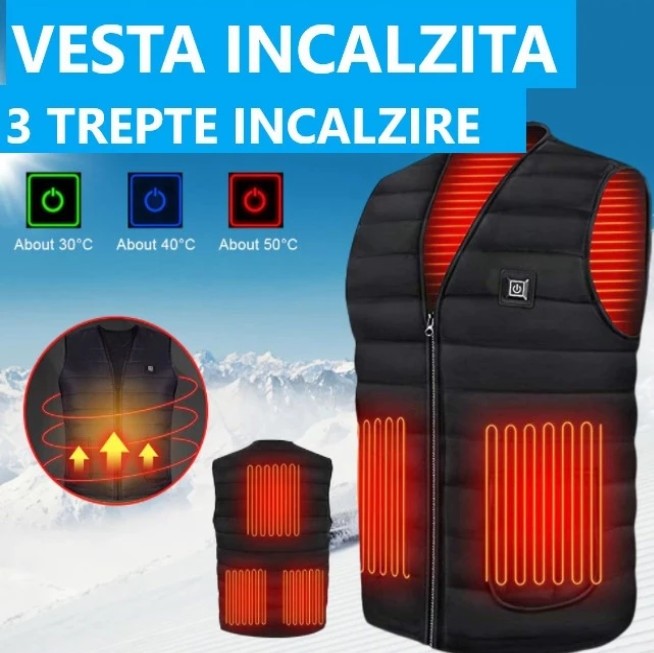 Vesta incalzita electric, captusita, 3 niveluri incalzire, 9 zone, USB, negru