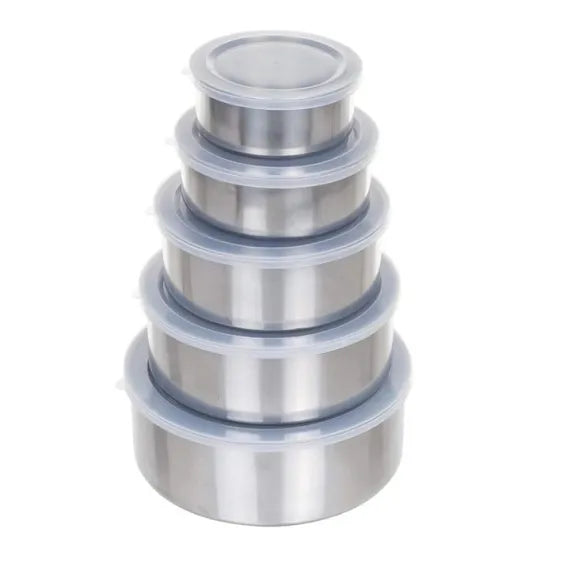 Set 5 Caserole Inox, Capac Transparent Plastic, Inox Alimentar, Grosime 0,4 mm, Diametru 10 cm - 18 cm