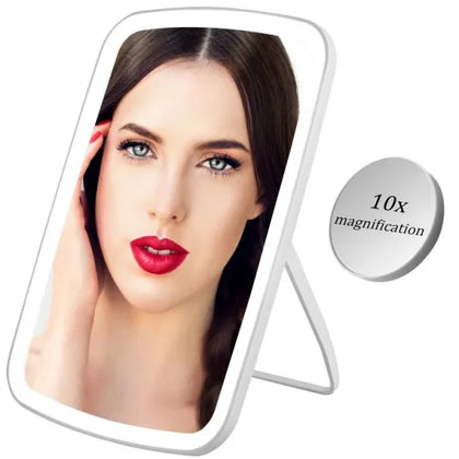 Oglinda cosmetica cu iluminare LED, 10X magnificare detasabila, 3 culori de lumina