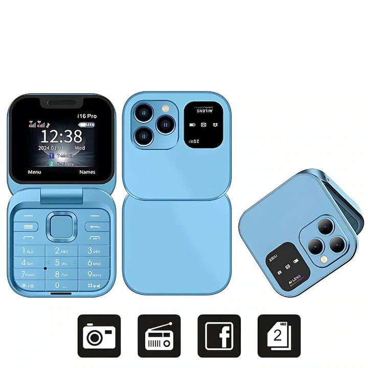 Telefon de buzunar pliabil Flip Phone 4.5 cm i16 Pro, Dual SIM, camera, Bluetooth MP4