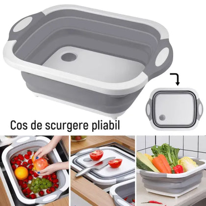 Tocator multifunctional, 3 in 1, tocator, cos depozitare, vas pentru spalare, pliabil, 40x30 cm