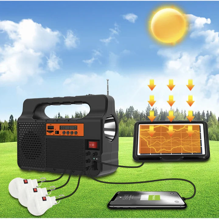 Kit Solar Radio, Lanterna, 3 Becuri cu led, Negru