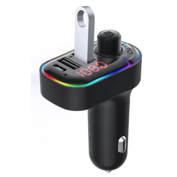 Modulator FM C12, Bluetooth 5.0, Transmitator FM cu functie de incarcator auto, Fast-Charge, 3 porturi de incarcare, Microfon extern, Afisaj Digital, Lumini RGB
