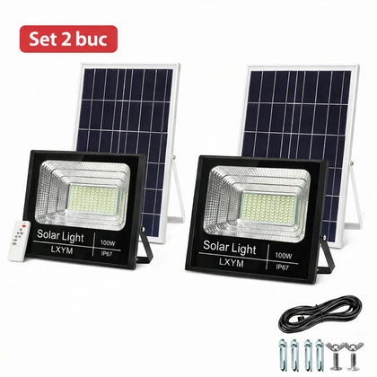 SET DE 2 BUCATI -Proiector Solar  100W Lampa cu incarcare solara + Panou Solar si Telecomanda